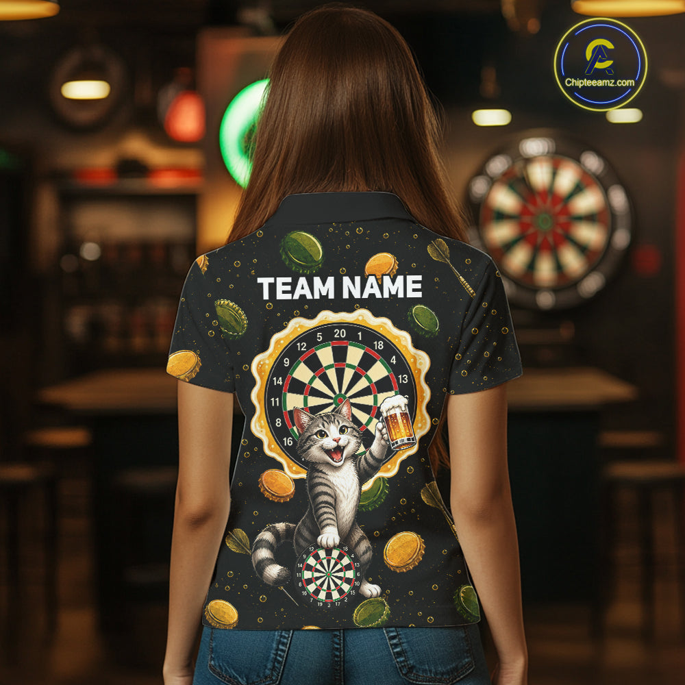 Woman wearing beer and cat dart shirt funny dart player apparel