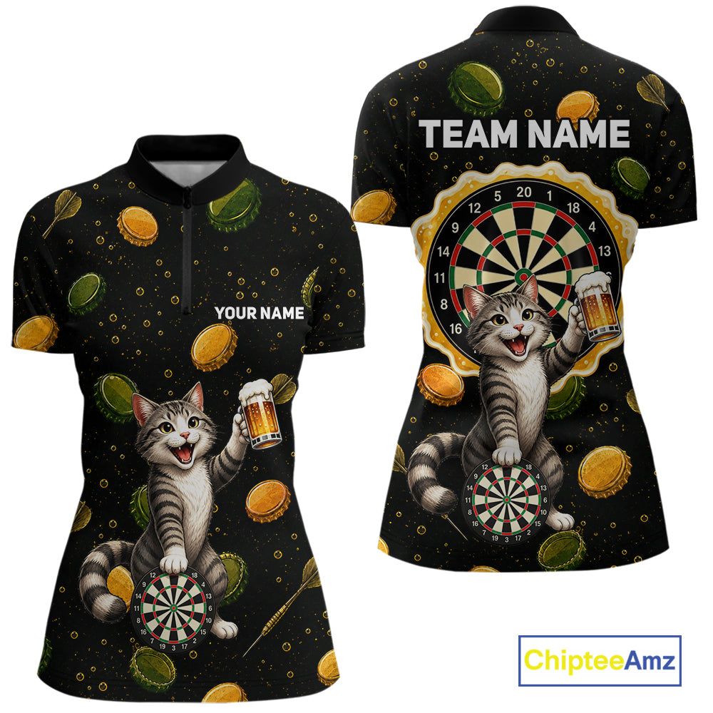 Women's beer and cat dart quarter zip shirt mockup custom dart apparel