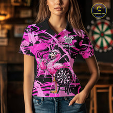 Load image into Gallery viewer, Woman wearing funny flamingo pink dart shirt custom tournament apparel