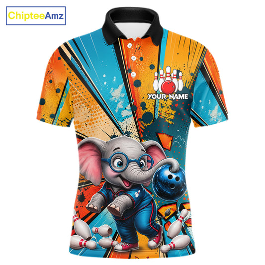 Funny Elephant Cartoon Bowling Polo featuring personalized player name, cute elephant artwork, quick-dry athletic bowling apparel, custom tournament jersey, mascot-inspired sportswear.