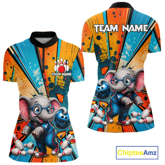 Funny Elephant Quarter-Zip Bowling Shirt featuring personalized graphics, cartoon elephant mascot, moisture-wicking performance fabric, breathable bowling tournament apparel, athletic sportswear.
