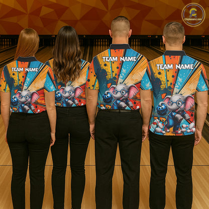 Bowling team wearing matching Funny Elephant jerseys with personalized names, mascot-inspired uniforms, family bowling league apparel, corporate team building, friendship, loyalty, teamwork, fun competition, championship spirit.
