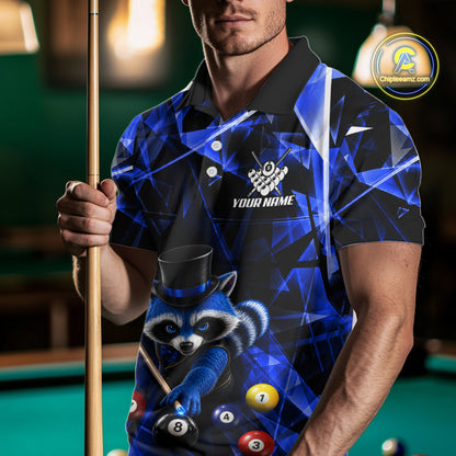 Funny Raccoon 8 Ball Billiard Shirt For Men Custom Blue Broken Glass Pool Polo & 1/4 Zip Jersey NYN3790