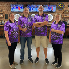 Load image into Gallery viewer, Men women dart team wearing Purple Crown Dartboard personalized dart jerseys for tournament competition