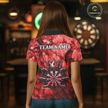 Load image into Gallery viewer, Female dart player wearing Red Crown Dartboard custom dart uniform for league competition