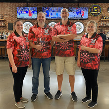 Load image into Gallery viewer, Men women dart team wearing Red Crown Dartboard custom dart uniforms and league apparel