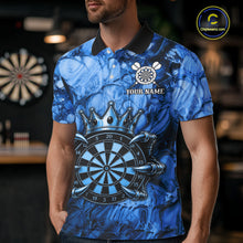 Load image into Gallery viewer, Male dart player wearing Blue Crown Dartboard personalized dart jersey, professional dart apparel and team uniform