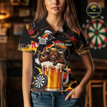 Load image into Gallery viewer, Female dart player wearing Angry Bull Beer personalized dart jersey for competitive play
