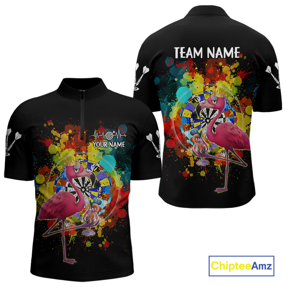 Custom Funny Colorful Crown Flamingo Men Darts Quarter-Zip League Shirts Splatter Dart Jerseys NYN2209