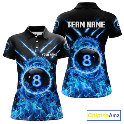 Blue Flaming Dragon Pool 8 Ball Women Billiard Team Shirt Custom Billiard Polo & 1/4-Zip Attire NYN2497