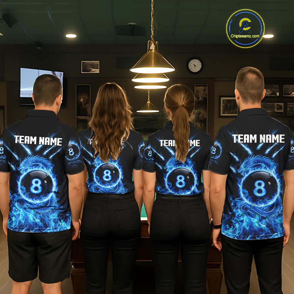 Blue Flaming Dragon Pool 8 Ball Women Billiard Team Shirt Custom Billiard Polo & 1/4-Zip Attire NYN2497