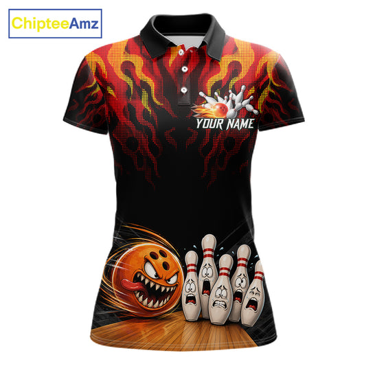 Funny Angry Ball & Pins Women Bowling Shirt Custom Fire Flame Team Bowling Jersey For Bowlers NYN3232