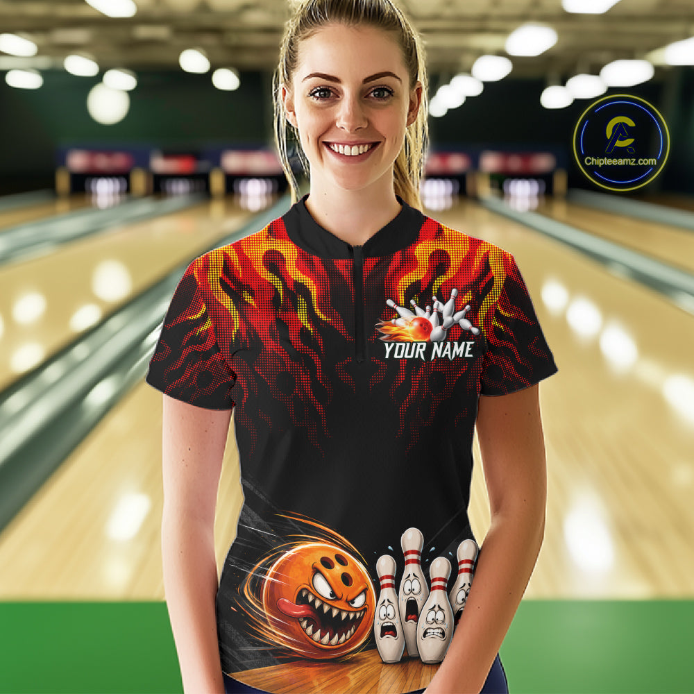 Funny Angry Ball & Pins Women Bowling Shirt Custom Fire Flame Team Bowling Jersey For Bowlers NYN3232
