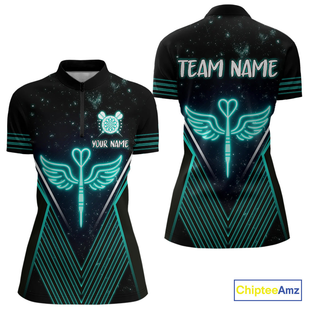 Neon Turquoise Wings Dart Arrow Women's Darts Shirt - Custom Name For Players NYN0555