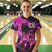 Load image into Gallery viewer, Female bowler wearing Black and Pink Galaxy bowling jersey during bowling tournament and league competition