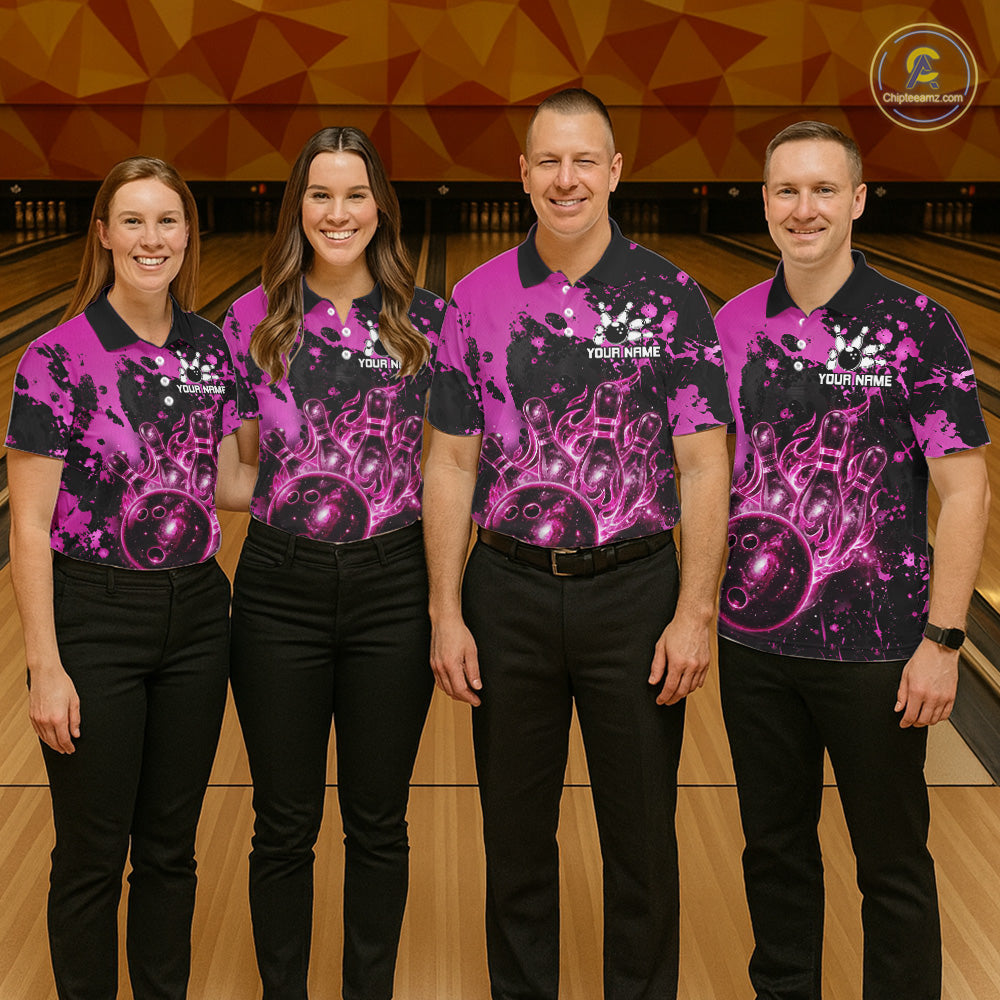 Men women bowling team wearing Black and Pink Galaxy custom bowling uniforms, professional bowling team jerseys