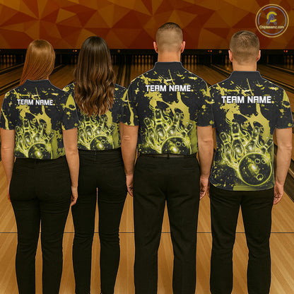 Men women bowling team wearing Black and Yellow Galaxy custom bowling jerseys for tournaments and league play