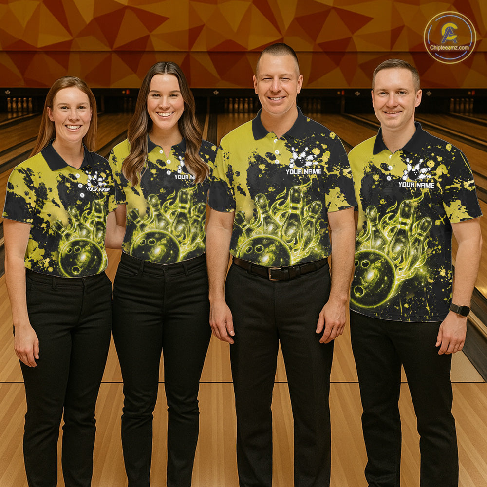 Men women bowling team wearing Black and Yellow Galaxy custom bowling jerseys for tournaments and league play