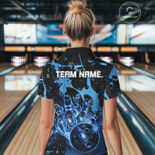 Load image into Gallery viewer, Female bowler wearing Black and Blue Galaxy bowling shirt during professional bowling competition