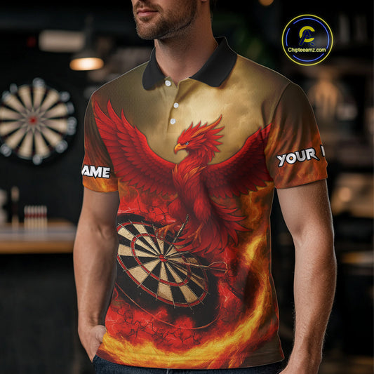 Red Phoenix & Flame Dartboard Men's Darts 1/4-Zip Shirt - Custom Name For Players NYN0765