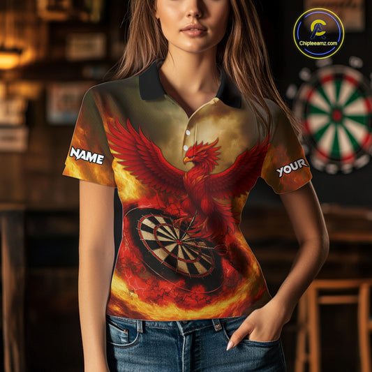 Red Phoenix & Flame Dartboard Wonen's Darts Polo Shirt - Custom Name For Players NYN0765