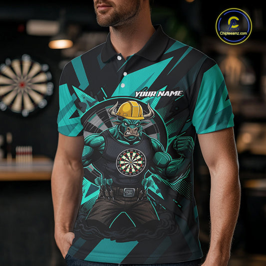 Turquoise Funny Muscle Bull Dartboard Custom Funny Darts Polo Shirt For Men Dart Jerseys NYN1955
