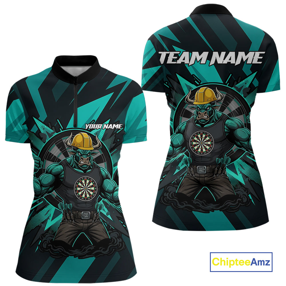 Turquoise Funny Muscle Bull Dartboard Custom Funny Darts Quarter-Zip Shirt For Women Dart Jerseys NYN1955