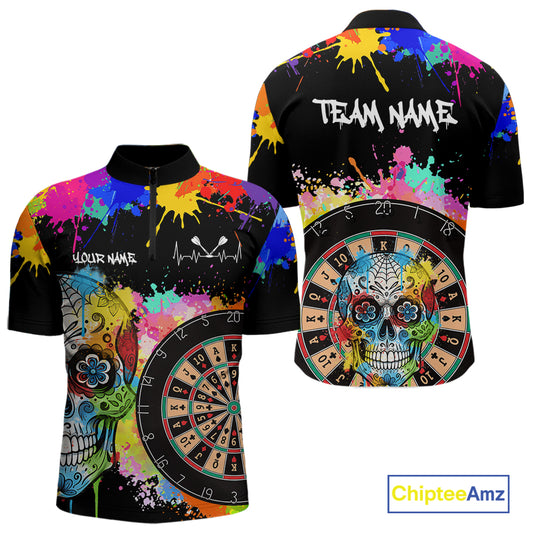 Custom Colorful Splatter Skull Dartboard Men Darts Quarter-Zip Team Shirts Dart Jerseys | Black NYN2212