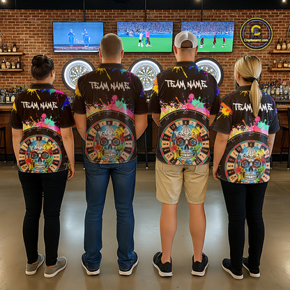 Custom Colorful Splatter Skull Dartboard Men Darts Polo Team Shirts Dart Jerseys | Black NYN2212