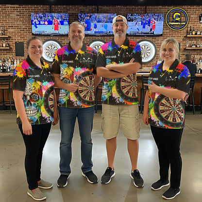 Custom Colorful Splatter Skull Dartboard Men Darts Polo Team Shirts Dart Jerseys | Black NYN2212