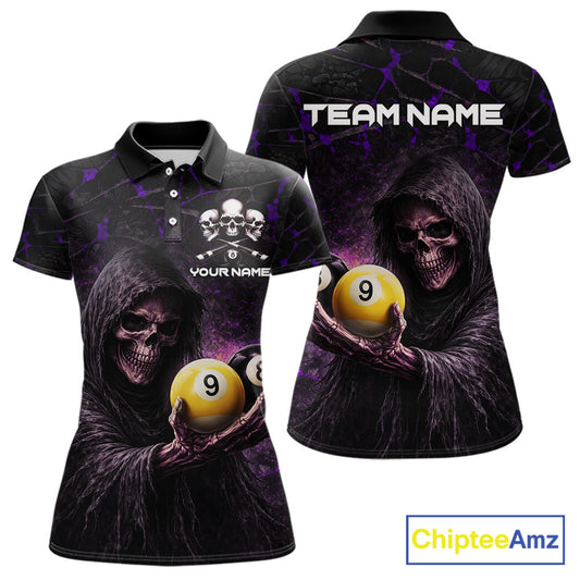 Purple Grunge Grim Reaper Hold 8 Ball & 9 Ball Pool Women Billiard Shirt Custom Billiard Team Attire NYN2702