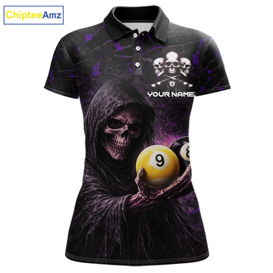 Purple Grunge Grim Reaper Hold 8 Ball & 9 Ball Pool Women Billiard Shirt Custom Billiard Team Attire NYN2702