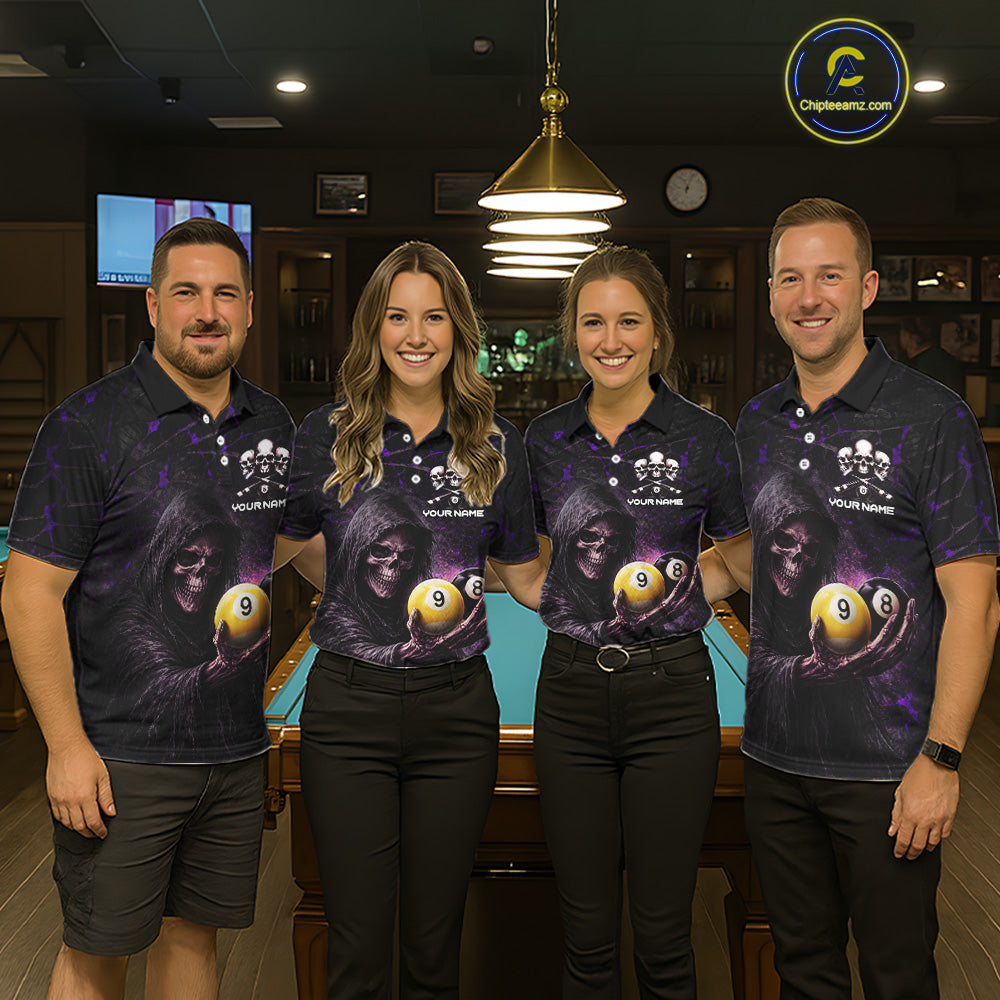 Purple Grunge Grim Reaper Hold 8 Ball & 9 Ball Pool Women Billiard Shirt Custom Billiard Team Attire NYN2702