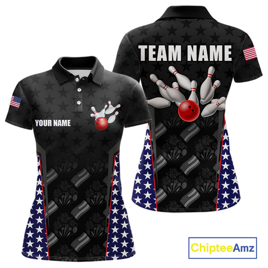 Personalized American Flag Eagle Bowling Shirts For Women Patriotic Bowling Pins And Ball Team Jersey NYN3074