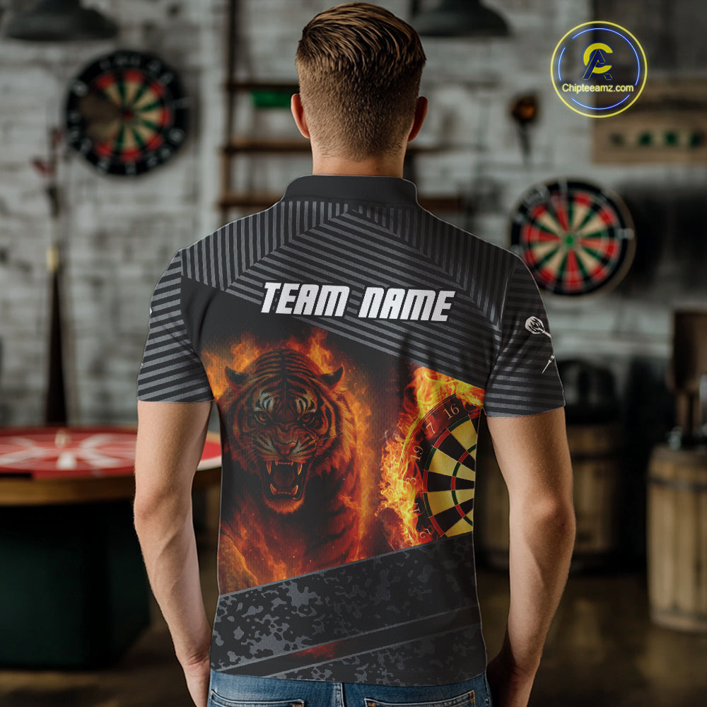 Custom Men's Darts Shirts With Fiery Tiger & Flaming Dartboard, Darts Jersey NYN0299