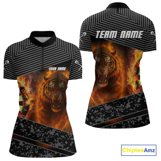 Custom Women's Darts Shirts With Fiery Tiger & Flaming Dartboard, Darts Jersey NYN0299