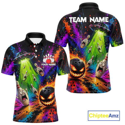 Colorful Splatter UFO Alien Bowling Polo featuring custom player name, cosmic galaxy graphics, alien artwork, breathable athletic bowling apparel, gaming culture, custom tournament jersey.