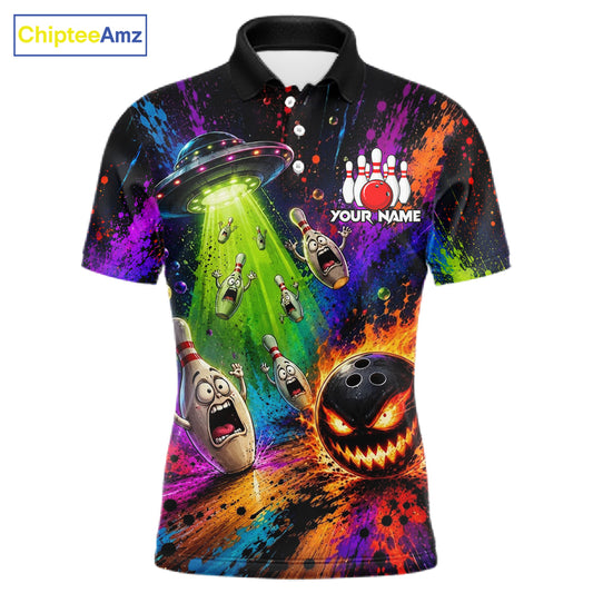Colorful Splatter UFO Alien Bowling Polo featuring custom player name, cosmic galaxy graphics, alien artwork, breathable athletic bowling apparel, gaming culture, custom tournament jersey.