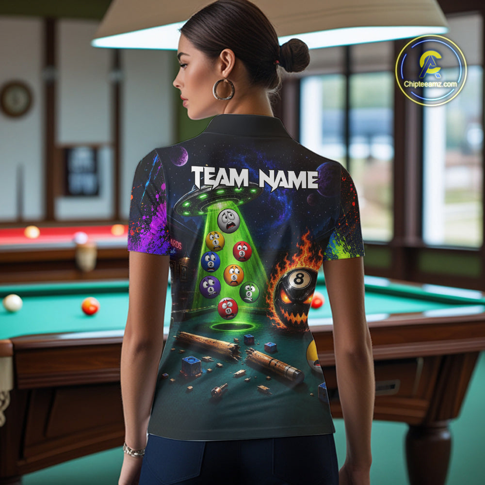 Female player modeling Galaxy UFO Alien billiard jersey representing imagination, exploration, sci-fi culture, gaming community, competitive sports fashion.