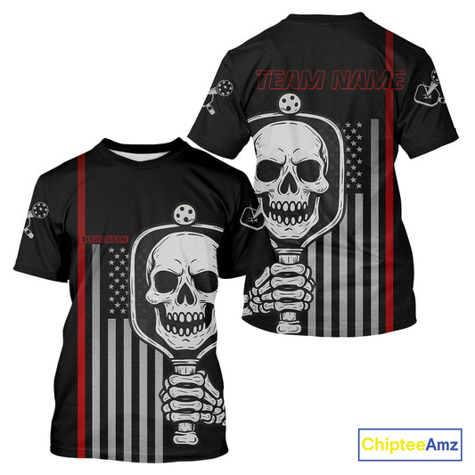 Custom Men's Patriotic Pickleball T-Shirt Personalized Skull Paddle With Pickle Lovers NYN1099