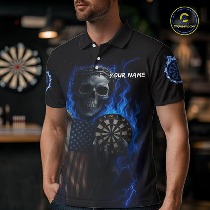 Custom Blue Flames Skeleton USA Flag Dart Men Polo Jerseys Patriotic Dart Team Shirt NYN1698