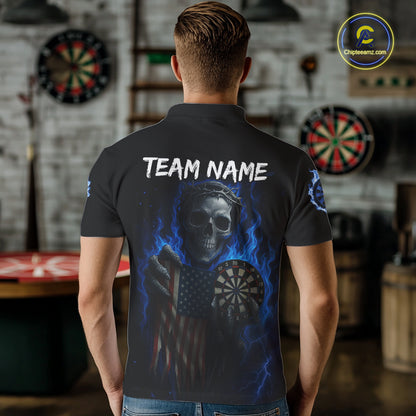 Custom Blue Flames Skeleton USA Flag Dart Men Polo Jerseys Patriotic Dart Team Shirt NYN1698