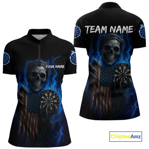 Custom Blue Flames Skeleton USA Flag Dart Women 1/4-Zip Jerseys Patriotic Dart Team Shirt NYN1698