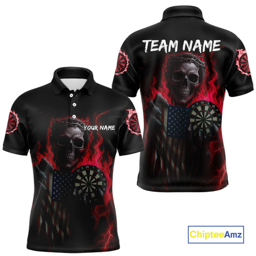 Custom Red Flames Skeleton USA Flag Dart Men Polo Jerseys Patriotic Dart Team Shirt NYN1699