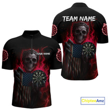 Load image into Gallery viewer, Custom Red Flames Skeleton USA Flag Dart Men 1/4-Zip Jerseys Patriotic Dart Team Shirt NYN1699