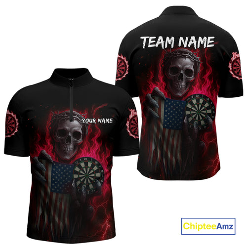 Custom Red Flames Skeleton USA Flag Dart Men 1/4-Zip Jerseys Patriotic Dart Team Shirt NYN1699