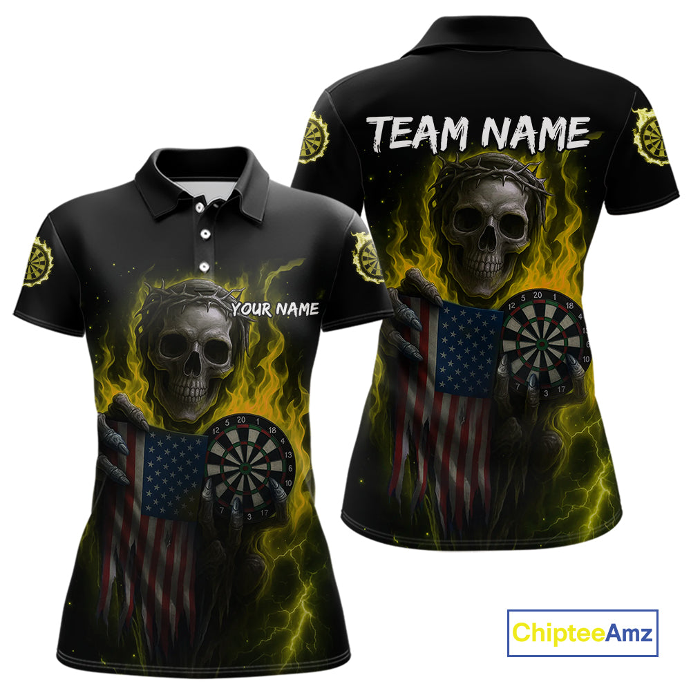 Custom Yellow Flames Skeleton USA Flag Dart Women Polo Jerseys Patriotic Dart Team Shirt NYN1700