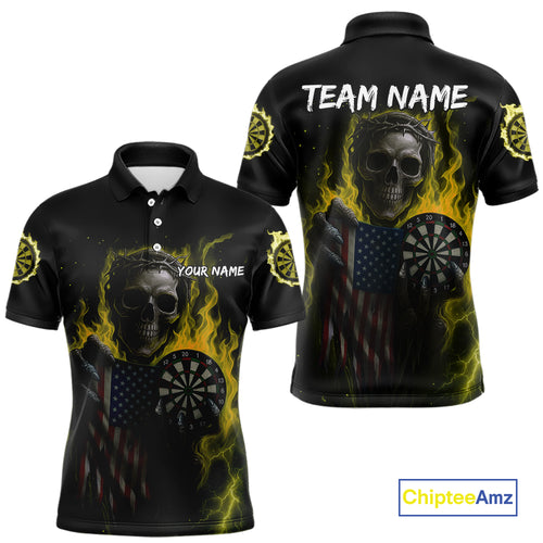 Custom Yellow Flames Skeleton USA Flag Dart Men Polo Jerseys Patriotic Dart Team Shirt NYN1700