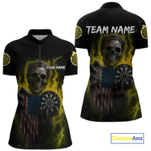 Load image into Gallery viewer, Custom Yellow Flames Skeleton USA Flag Dart Women 1/4-Zip Jerseys Patriotic Dart Team Shirt NYN1700