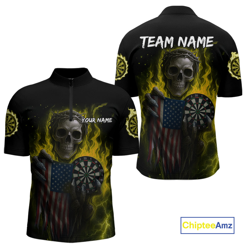 Custom Yellow Flames Skeleton USA Flag Dart Men 1/4-Zip Jerseys Patriotic Dart Team Shirt NYN1700